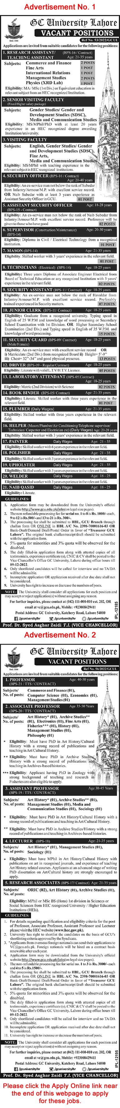 Gc University Lahore Jobs November 2022 Gcu Application Form Government