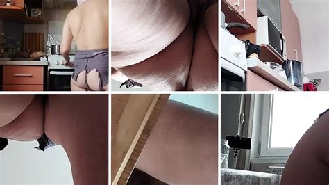 Moño peludo morena tetas grandes mujer peluda sensual en la cocina Sexy milf coño peludo