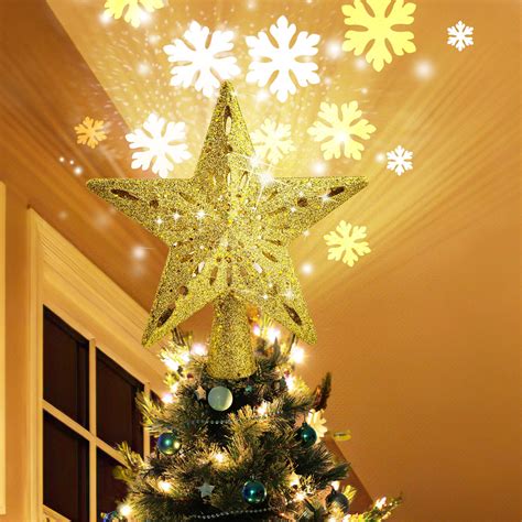 Buy Coolwufanlighted Christmas Tree Toppers With Led Rotating Snowflake Projector Lights 2 In 1