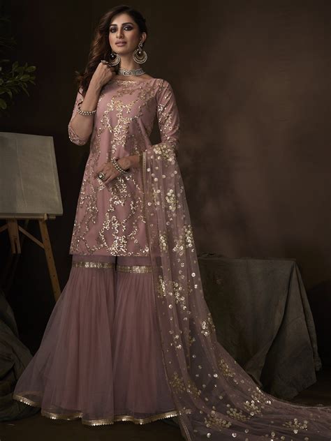 Purple Soft Net Sharara Suit With Sequin Thread Work And Soft Net