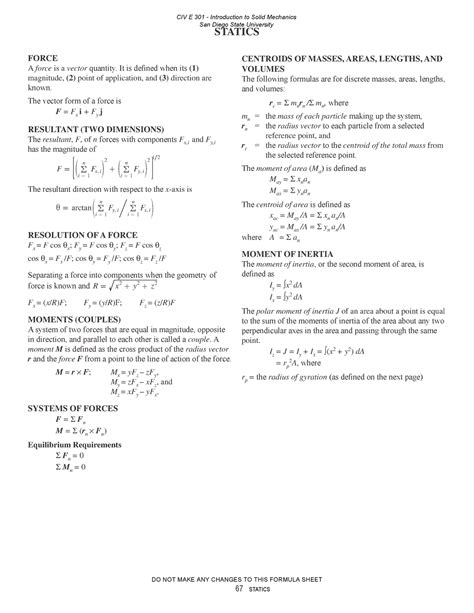 FE Exam Approved Formula Sheet 67 STATICS FORCE A Force Is A Vector