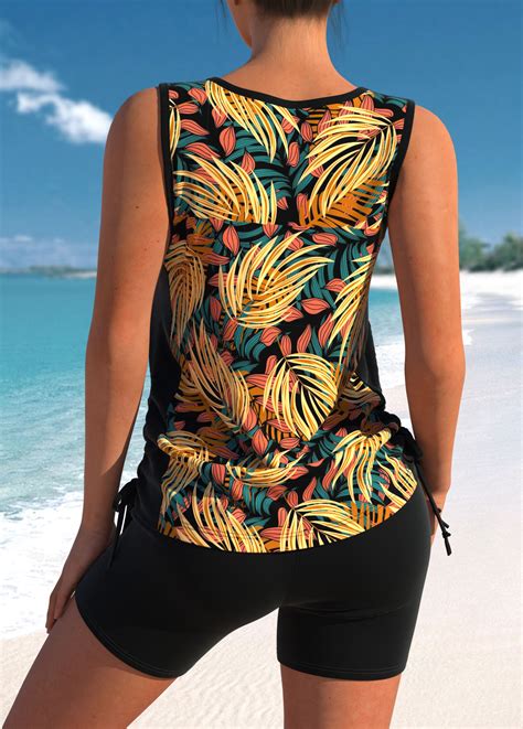 Cross Strap Black Leaf Print Tankini Set Rosewe Usd