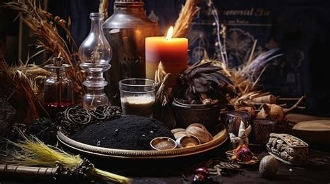 Ceremonia de brujas con objetos mágicos rituales Foto Premium