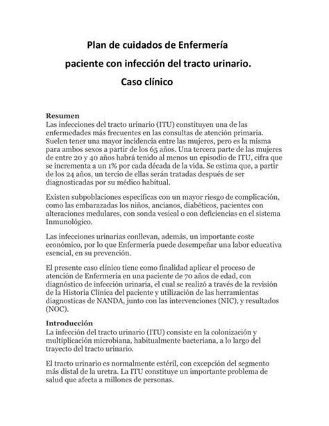 Plan De Cuidados De Enfermería A Paciente Con Infección Del Tracto