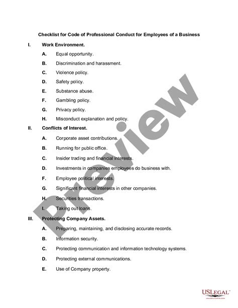 Checklist For Code Of Professional Conduct For Employees Of A Business Sex Checklist Us