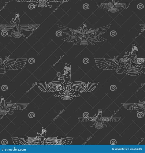 Seamless Pattern With Ancient Sumerian Symbol Faravahar Stock Vector