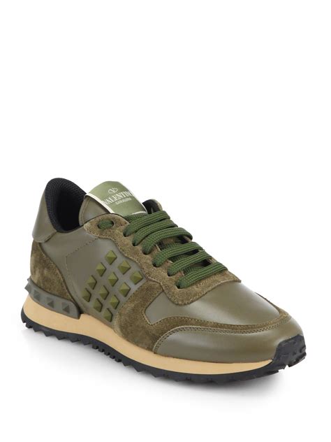 Lyst - Valentino Rockstud Leather & Suede Sneakers in Green for Men