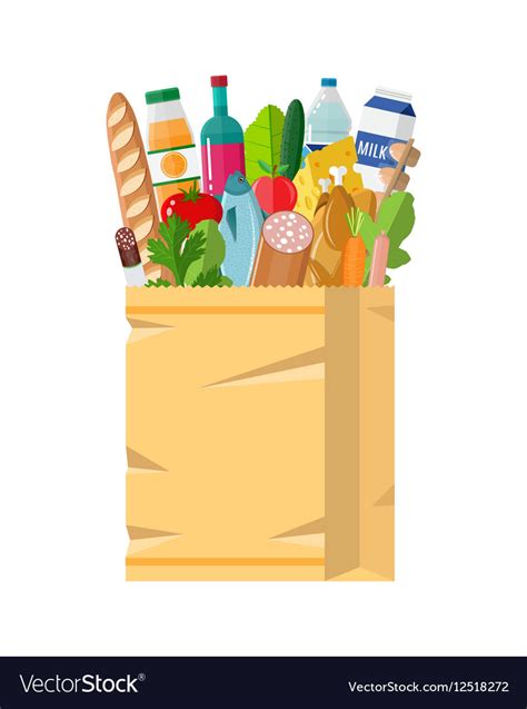 Paper Shopping Bag Full Of Groceries Products Vector Image