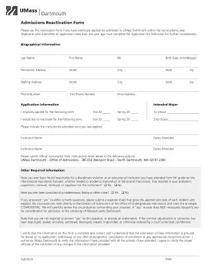 Admissions Reactivation Form University Of Massachusetts Umassd