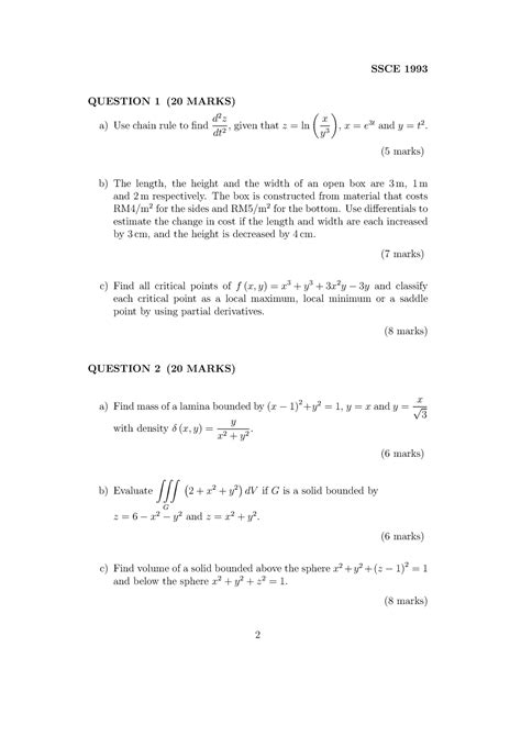 Set C Question Question 1 20 Marks A Use Chain Rule To Find D 2