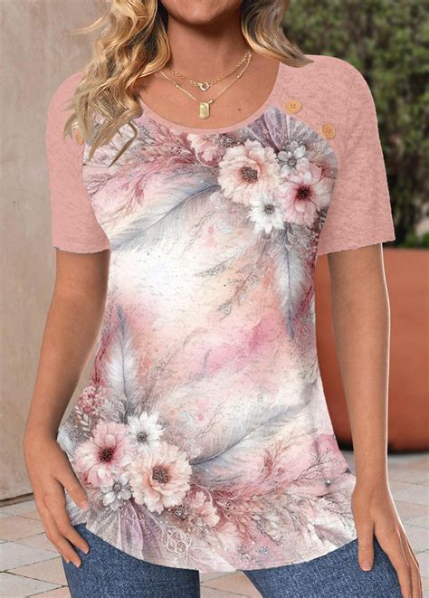 Rotita Patchwork Floral Print Dusty Pink Scoop Neck T Shirt Rotita