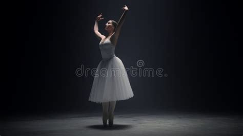 Beautiful Ballerina Dancing On Tiptoe Indoors Ballet Dancer Rehearsing On Stage Stock Video