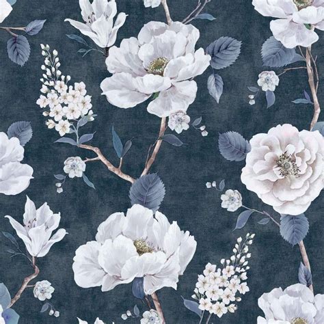 Ashley Floral Navy Blue & Dove White Rose Flowers Wallpaper 925505 | 925505