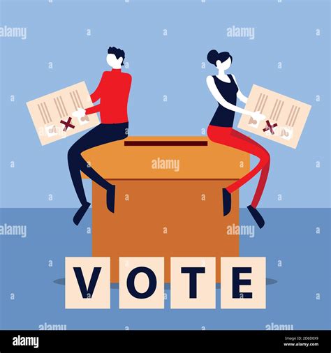 Election Day Man And Woman With Ballots Sitting On Box Voting Vector