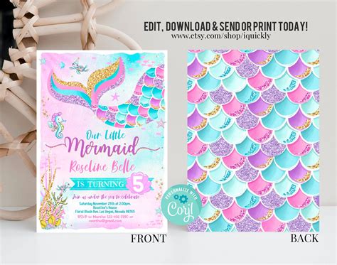 Editable Mermaid Birthday Invitation Mermaid Invite Under Etsy