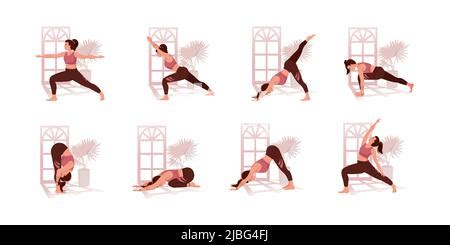 Set Of Woman In Different Yoga Poses Names Of Asanas Text Flat Style