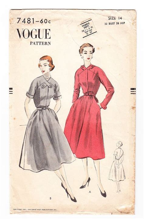 Vintage 1951 Vogue 7481 Sewing Pattern Misses One Piece Dress Size 14 Bust 32 1950s Sewing