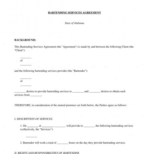 Bartending Agreement Free Template Word Pdf