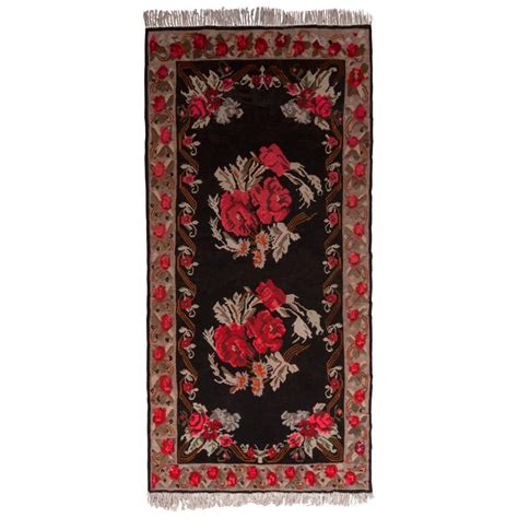 Midcentury Kilim Rug Vintage Black Red Floral Pattern Flat Weave By Rug