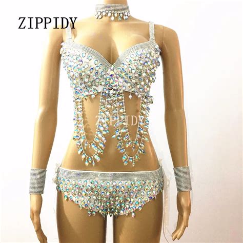 Luxury Sparkly Ab Color Crystals Bikini Flashing Prom Outfit Shining