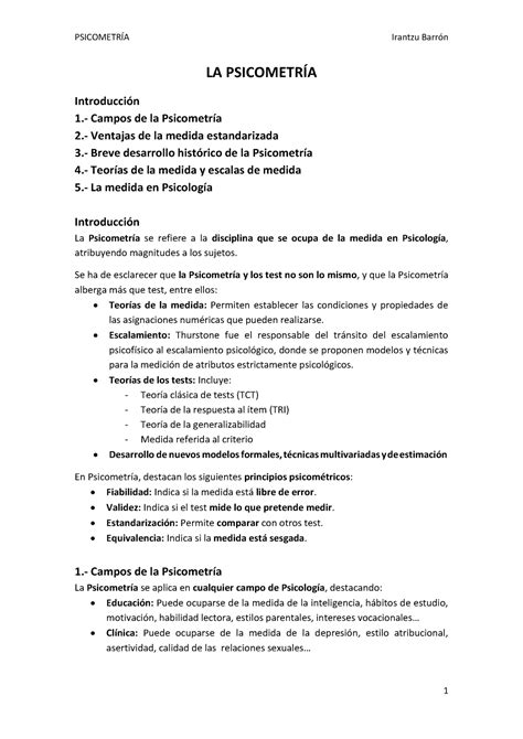 TEMA 1 Apuntes 1 LA PSICOMETRÍA Introducción 1 Campos de la