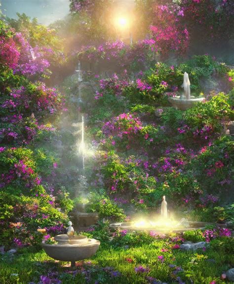 Lexica Beautiful Hyperrealistic Secret Flower Garden Water Fountain