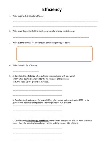 Ks4 Gcse Physics Efficiency Formula Worksheet With Questions And Answers Teaching Resources