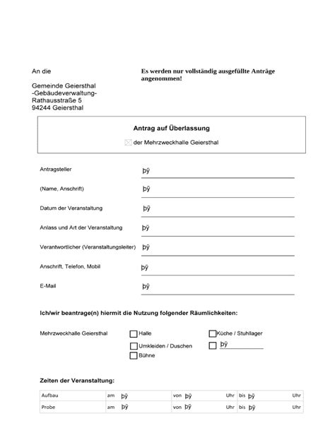 Fillable Online Geiersthal Antrag Auf Berlassung Geiersthal De Fax