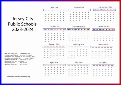 Jersey City Public Schools Calendar with Holidays 2023-2024