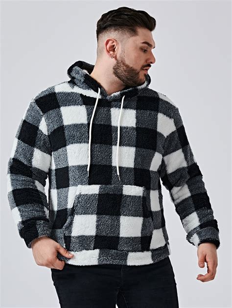 Mens Drawstring Buffalo Plaid Teddy Hoodie