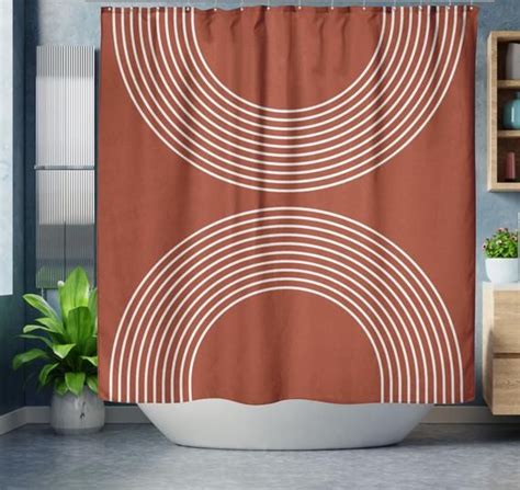 Rust Boho Shower Curtain Mid Century Modern Rainbows Retro Etsy