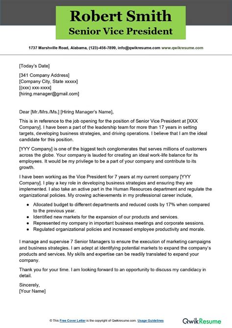 Senior Vice President Cover Letter Examples Qwikresume