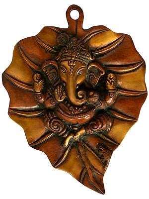 Baby Ganesha On Pipal Leaf Brass Wall Hanging Statue Handmade