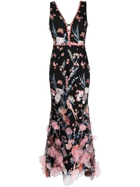 Marchesa Notte Butterfly Murmuring Appliqué Gown Black Editorialist