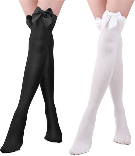 Geyoga 2 Pairs Opaque Bow Stockings Thigh High Stockings Black White