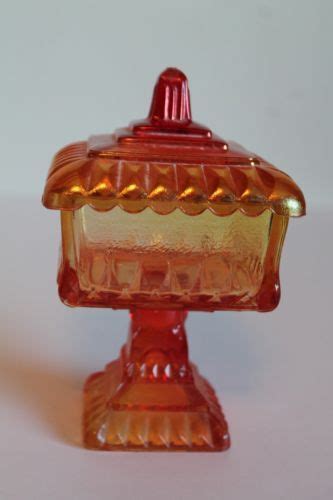 Iridescent Bright Orange Carnival Glass Square Pedestal Candy Dish Ebay Fenton Glass Carnival