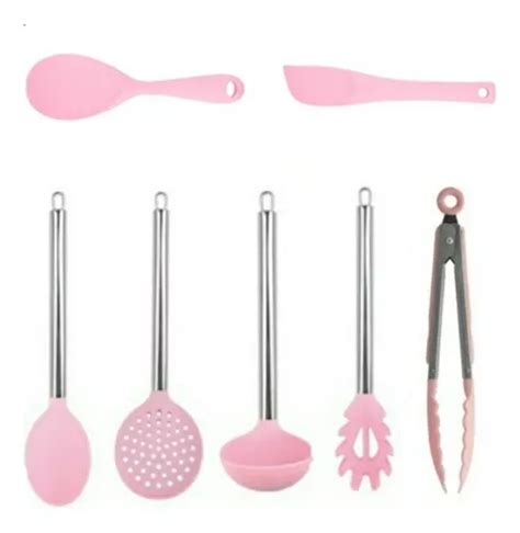 Kit 7 Peças Colher Concha Escumadeira Fouet Silicone Cor Rosa Frete