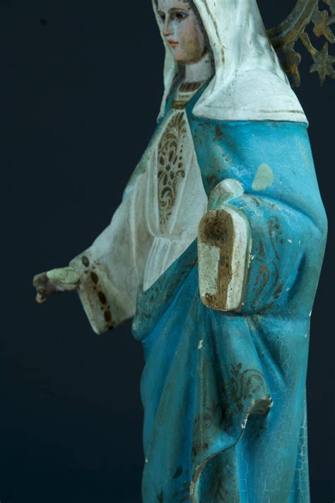 Proantic Ancienne Statue Religieuse Vierge Marie Couronne Yeux Sulfur