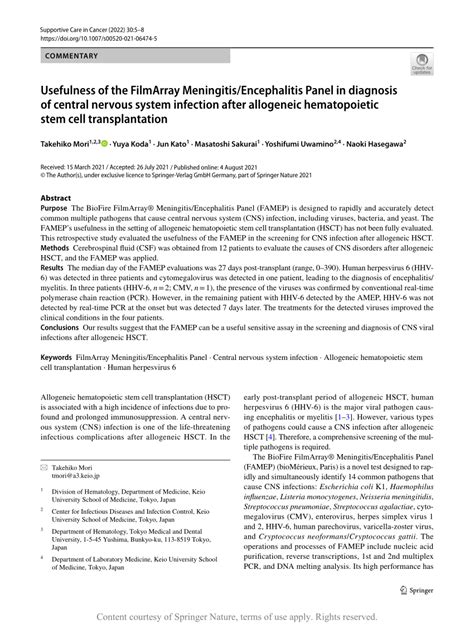 Usefulness Of The Filmarray Meningitisencephalitis Panel In Diagnosis Of Central Nervous System