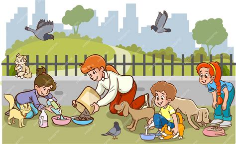 Premium Vector Children Feeding Stray Animals Cartoon Vector