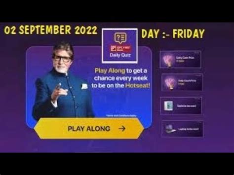 KBC OFFLINE QUIZ ANSWERS 02 SEPTEMBER 2022 KBC PLAY ALONG Kbc Hindi