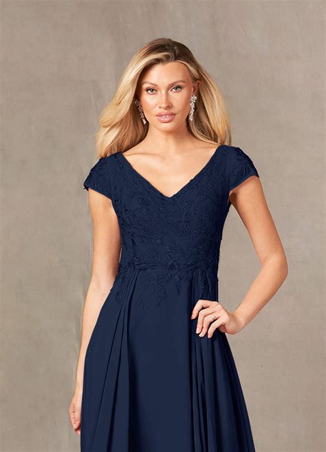 Dark Navy Azazie Rosemarie A Line Lace Floor Length Dress Azazie