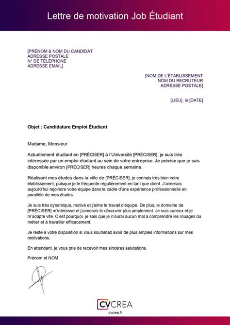 Lettre De Motivation Pour Un Job Tudiant Exemple Et Mod Le Salaire