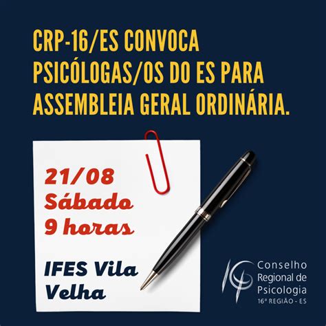 Crp Es Convoca Psic Logas Os Do Es Para Assembleia Geral Ordin Ria