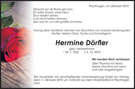 Traueranzeigen von Hermine Dörfler zeit des gedenkens de