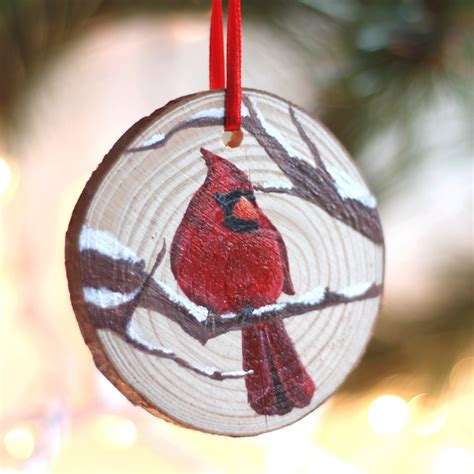 Cardinal Christmas Ornament Hand Painted Wood Slice Etsy Painted