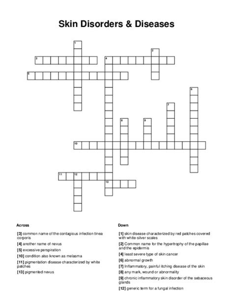 Skin Disorders Diseases Crossword Puzzle