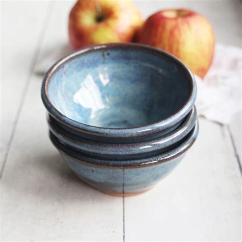 Andover Pottery — Three Small Rustic Blue Ceramic Pottery Bowls, Kitchen Prep Handcrafted Made ...