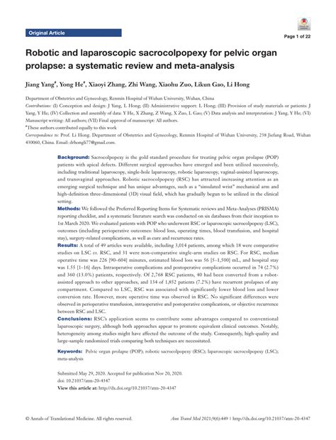 Pdf Robotic And Laparoscopic Sacrocolpopexy For Pelvic Organ Prolapse