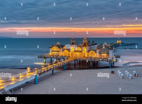 The beautiful pier of Sellin on the island of Ruegen in Germany at dawn ...